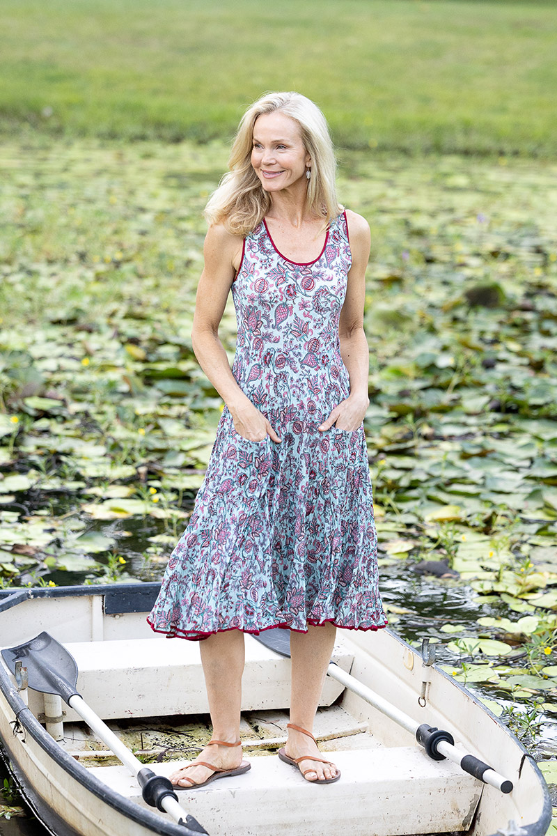 Womens, midi, Flamenco Dress, sleeveless, 100% Cotton, hand block print. Soft blue boho floral - Florence