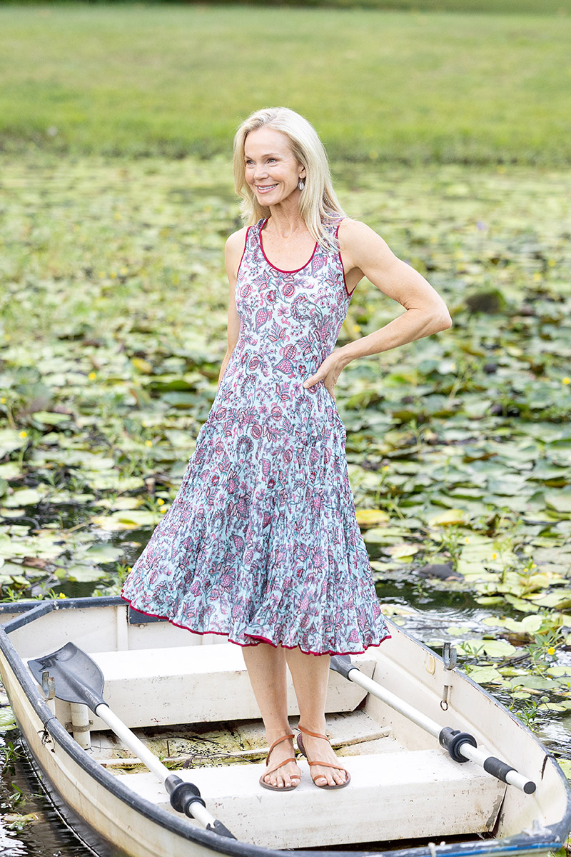 Womens, midi, Flamenco Dress, sleeveless, 100% Cotton, hand block print. Soft blue boho floral - Florence