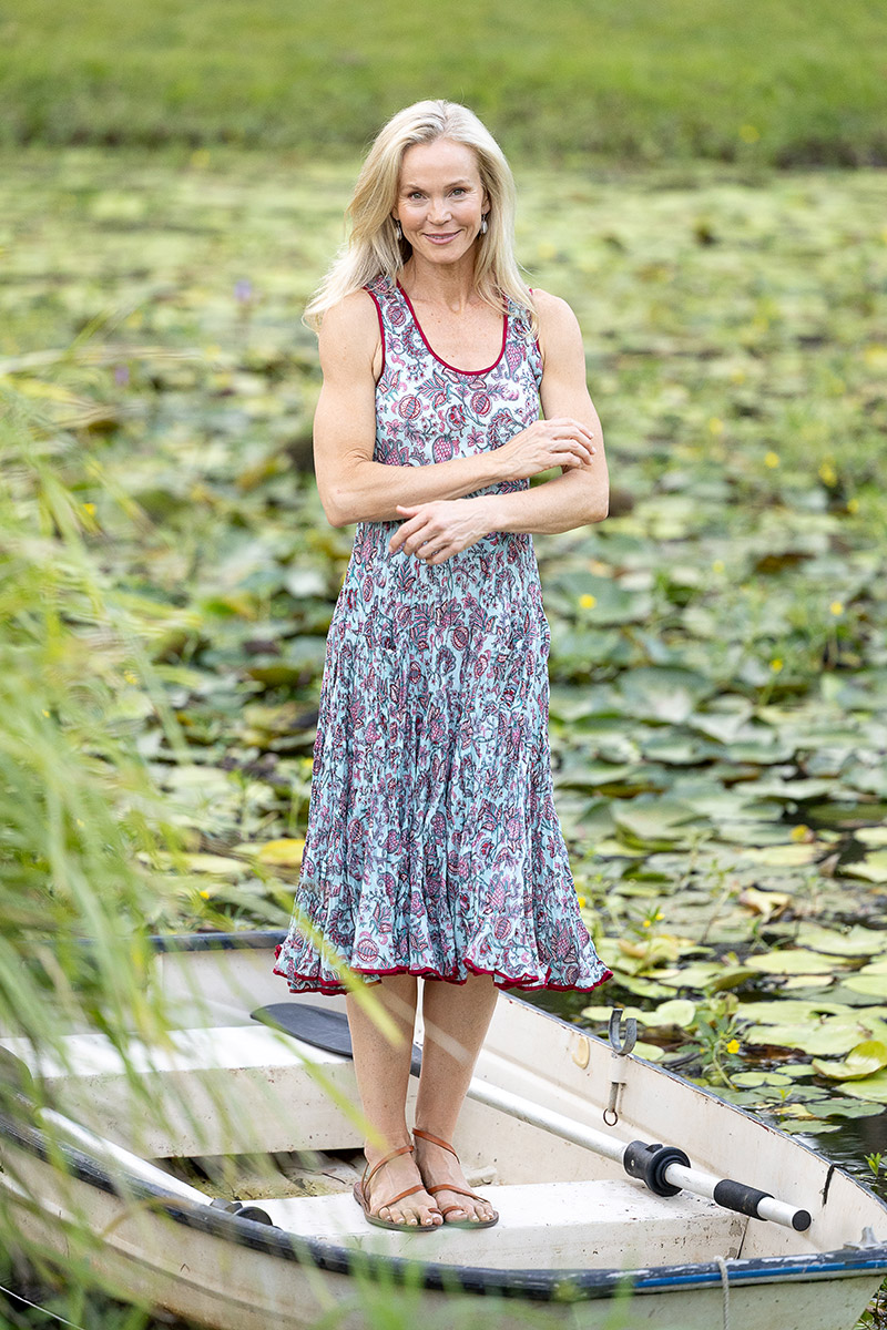 Womens, midi, Flamenco Dress, sleeveless, 100% Cotton, hand block print. Soft blue boho floral - Florence