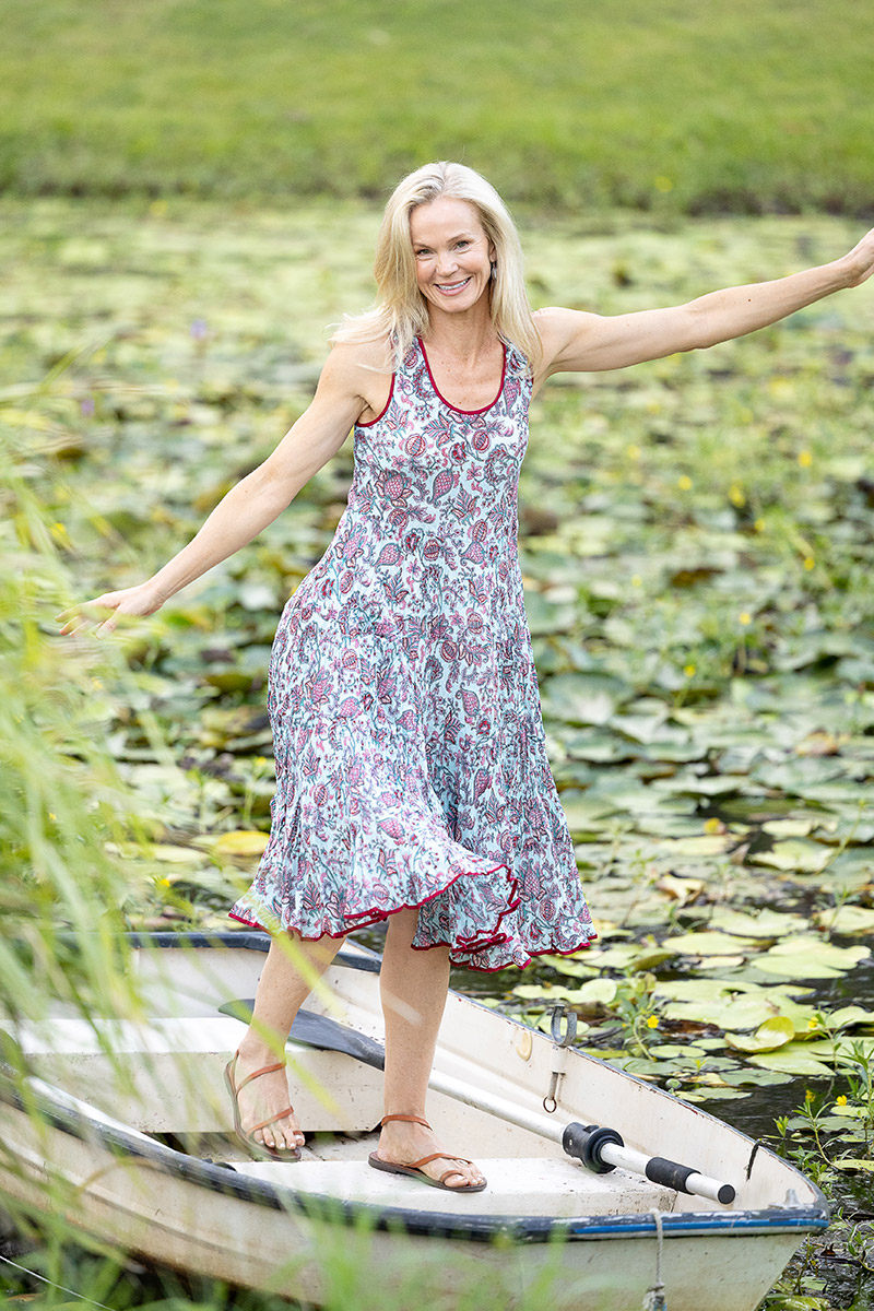 Womens, midi, Flamenco Dress, sleeveless, 100% Cotton, hand block print. Soft blue boho floral - Florence