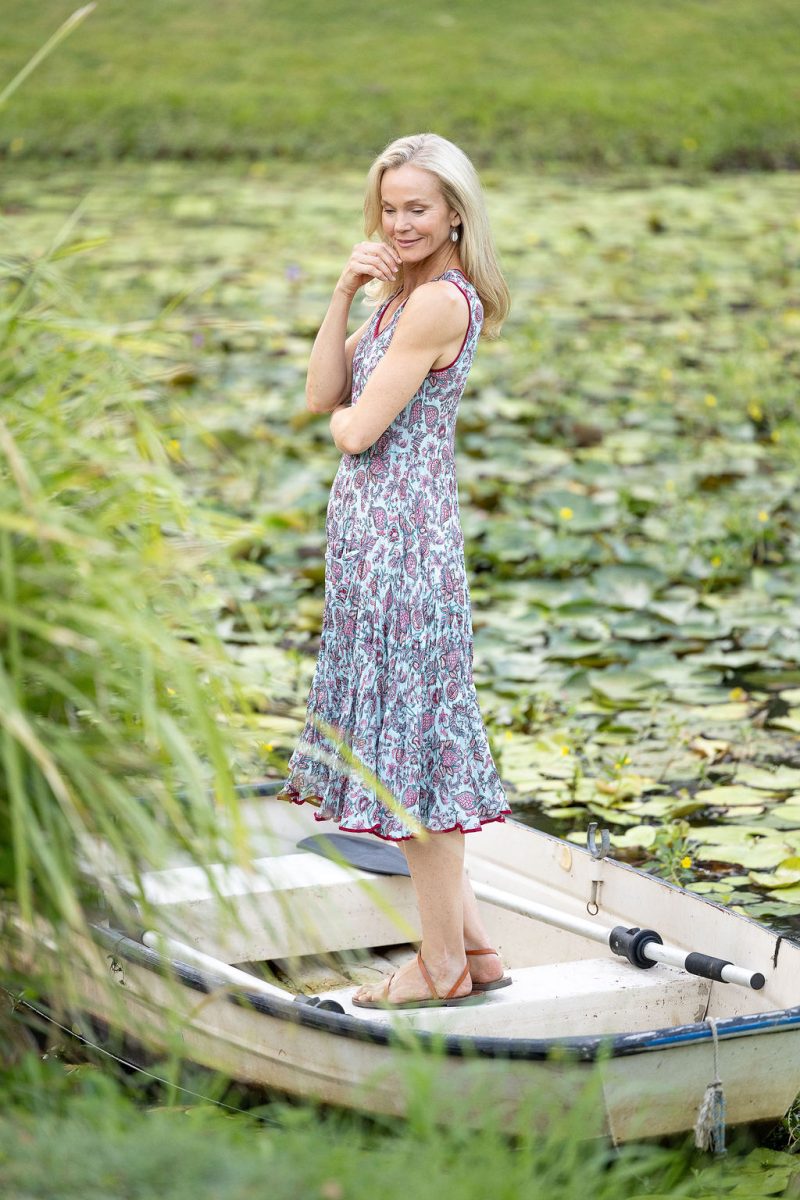 Womens, midi, Flamenco Dress, sleeveless, 100% Cotton, hand block print. Soft blue boho floral - Florence
