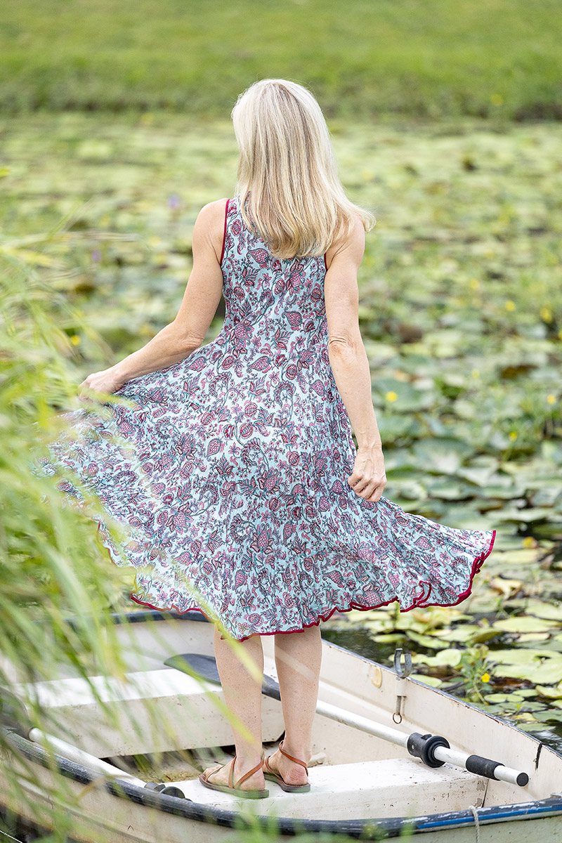 Womens, midi, Flamenco Dress, sleeveless, 100% Cotton, hand block print. Soft blue boho floral - Florence
