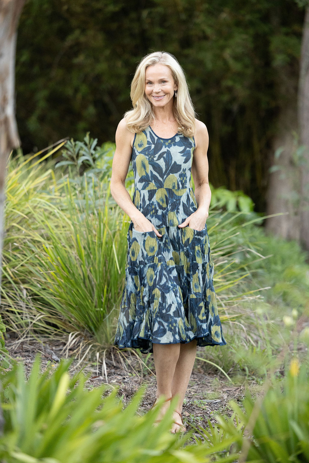 Womens, midi, Flamenco Dress, sleeveless, 100% Cotton, hand block print. Natural blue with yellow - Indigo Limoncello