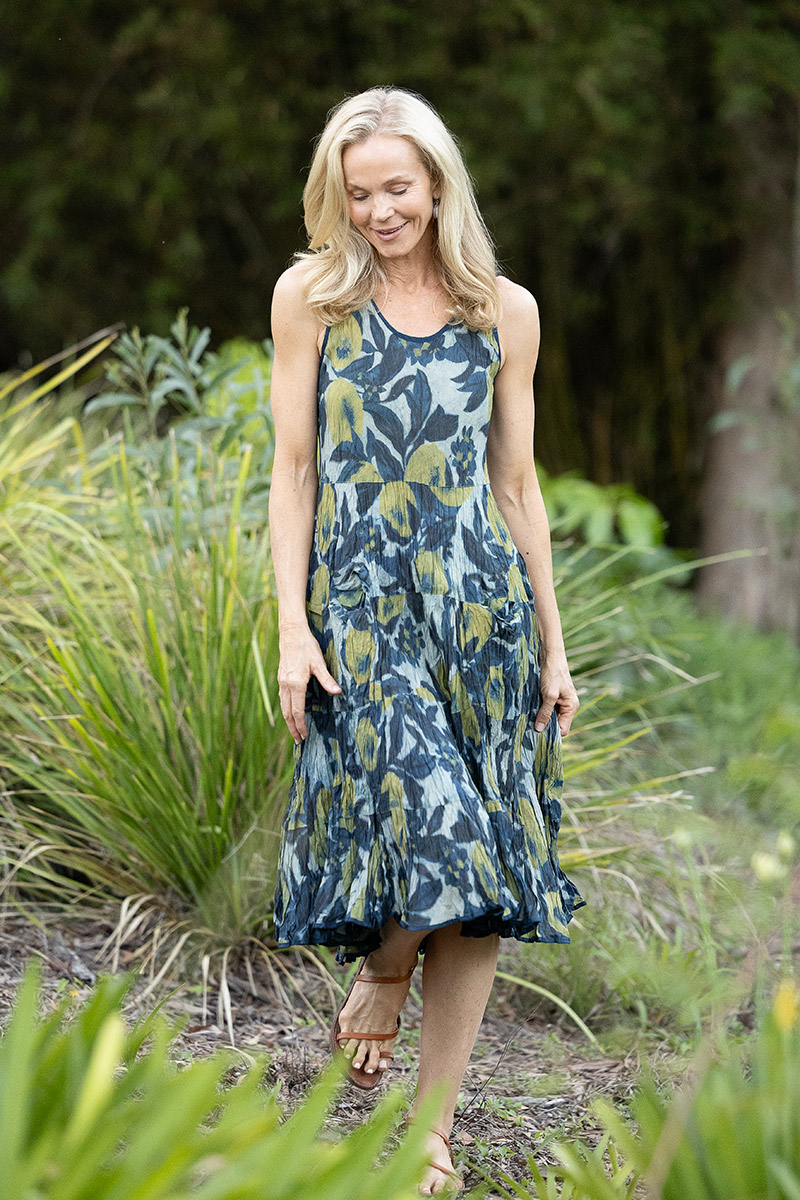 Womens, midi, Flamenco Dress, sleeveless, 100% Cotton, hand block print. Natural blue with yellow - Indigo Limoncello