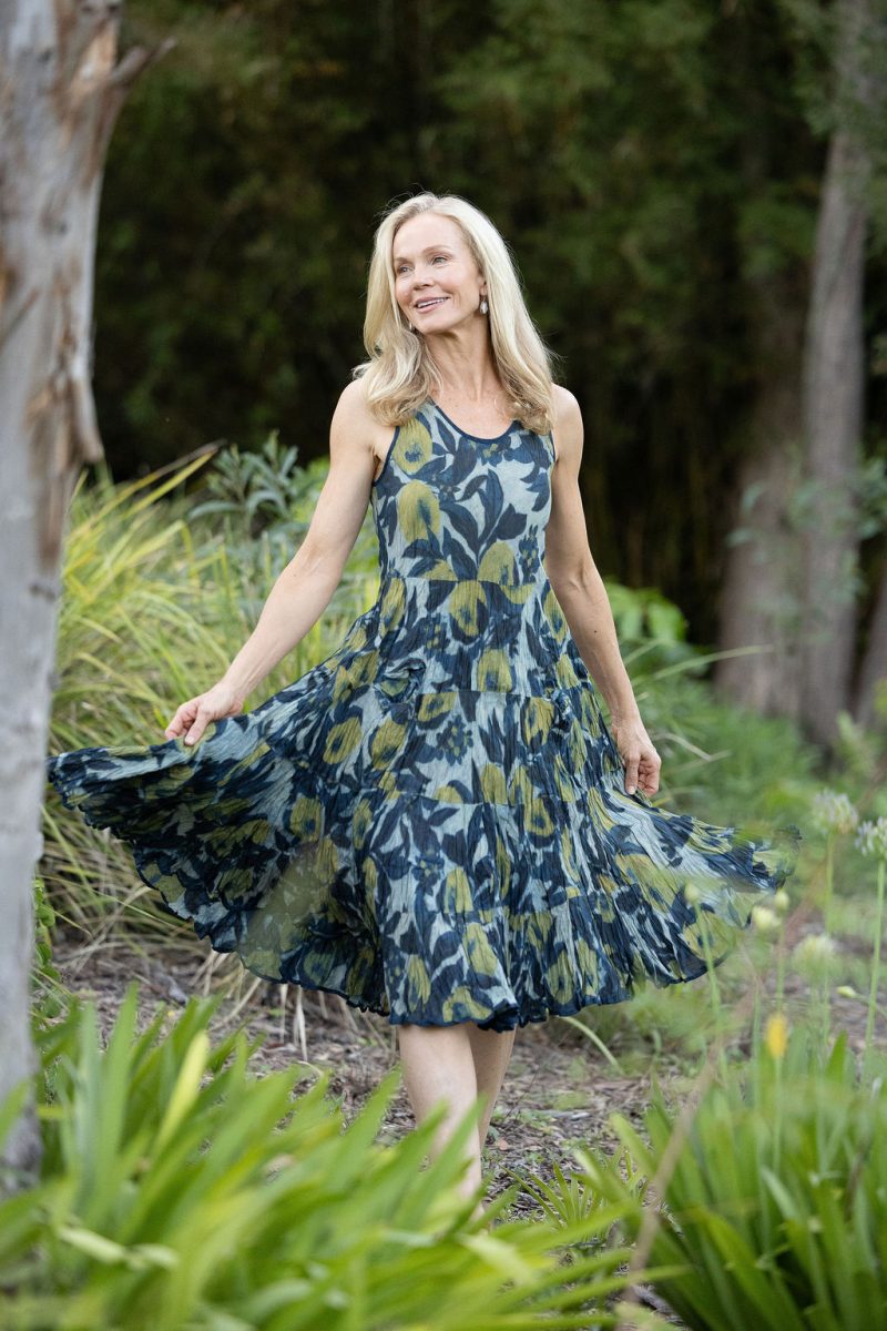 Womens, midi, Flamenco Dress, sleeveless, 100% Cotton, hand block print. Natural blue with yellow - Indigo Limoncello