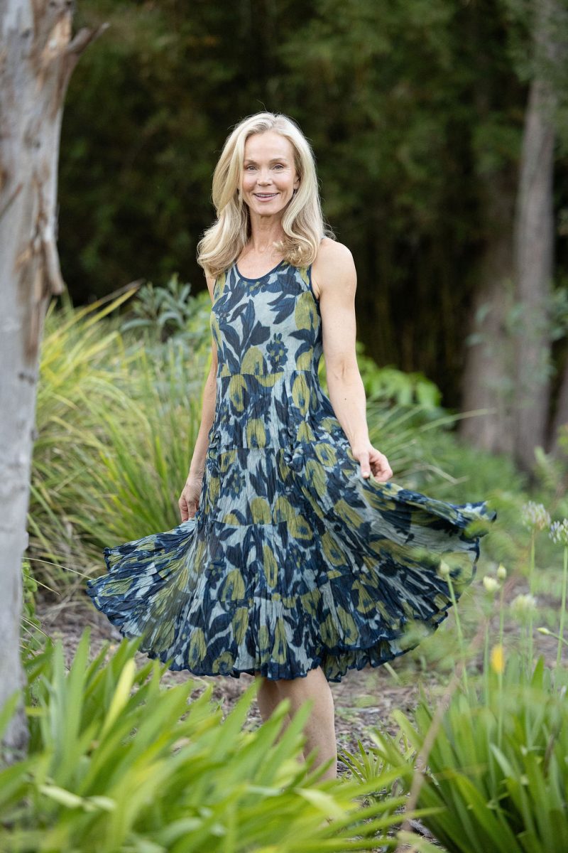 Womens, midi, Flamenco Dress, sleeveless, 100% Cotton, hand block print. Natural blue with yellow - Indigo Limoncello