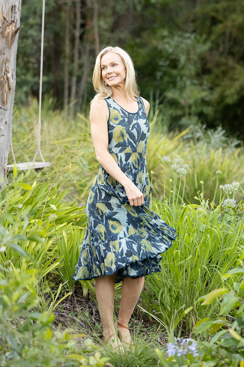 Womens, midi, Flamenco Dress, sleeveless, 100% Cotton, hand block print. Natural blue with yellow - Indigo Limoncello