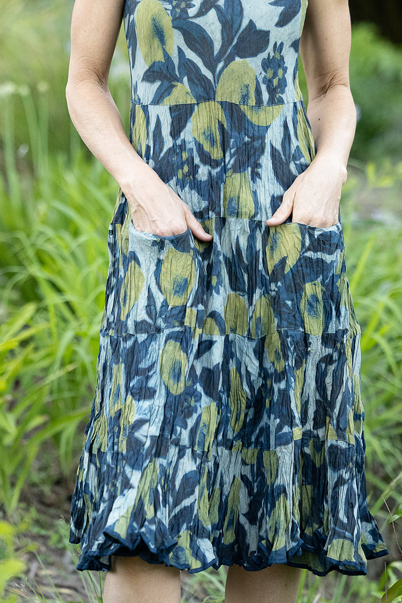 Womens, midi, Flamenco Dress, sleeveless, 100% Cotton, hand block print. Natural blue with yellow - Indigo Limoncello