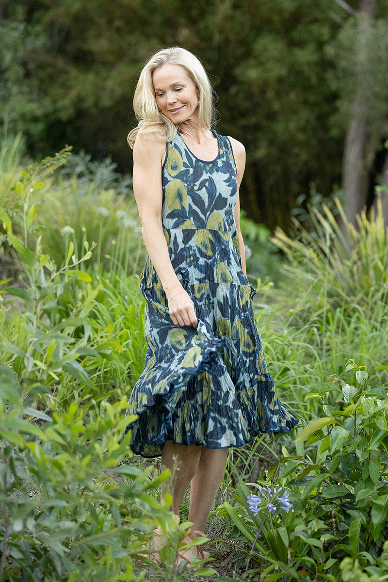Womens, midi, Flamenco Dress, sleeveless, 100% Cotton, hand block print. Natural blue with yellow - Indigo Limoncello