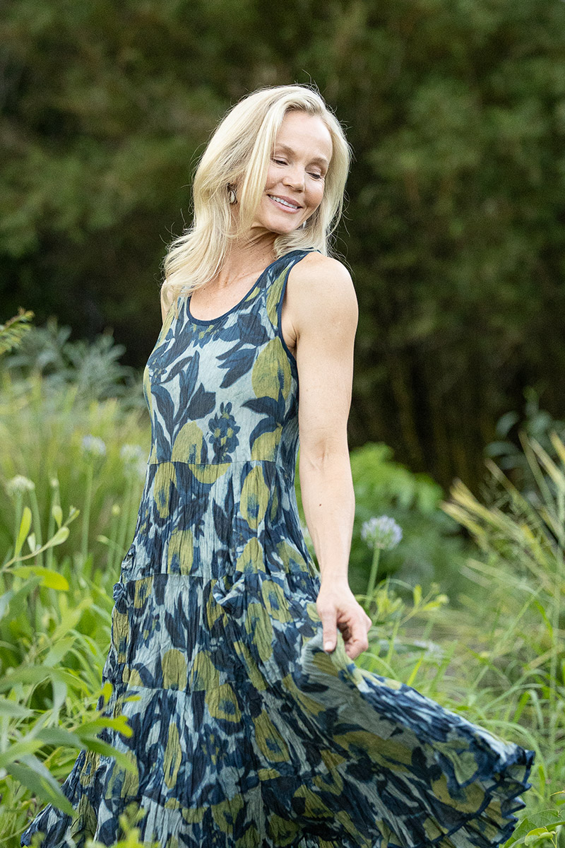 Womens, midi, Flamenco Dress, sleeveless, 100% Cotton, hand block print. Natural blue with yellow - Indigo Limoncello