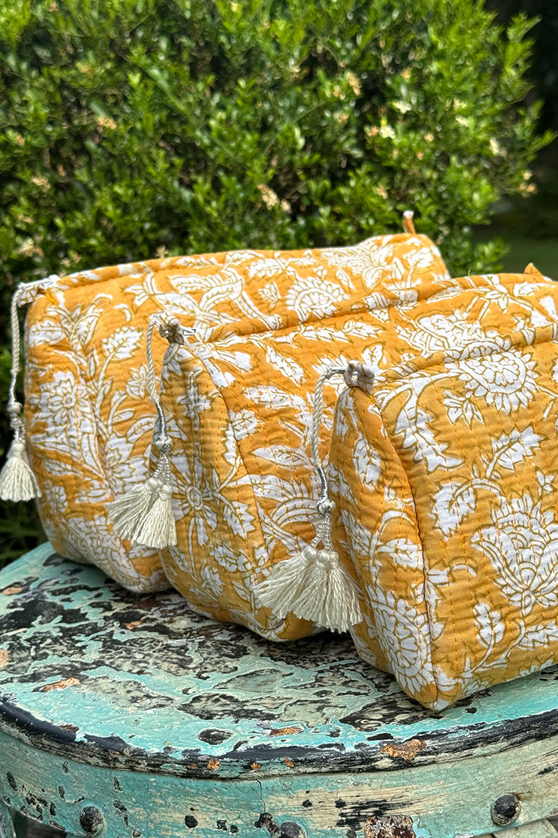 Wash Bags, accessories, Hand block prints, plastic lined with inside pockets. Small, Medium and Large. Honey