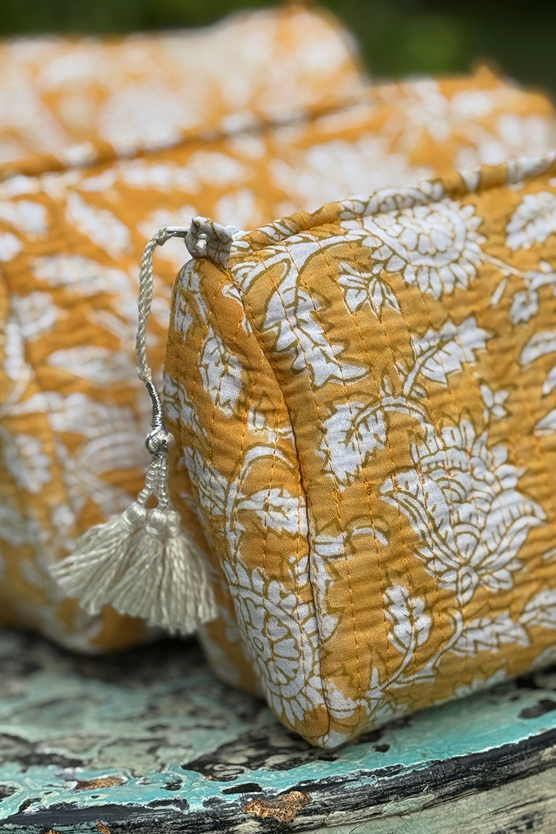 Wash Bags, accessories, Hand block prints, plastic lined with inside pockets. Small, Medium and Large. Honey