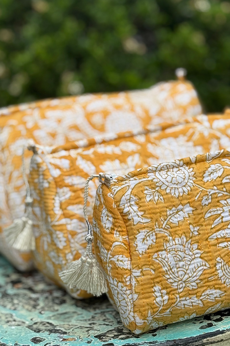 Wash Bags, accessories, Hand block prints, plastic lined with inside pockets. Small, Medium and Large. Honey