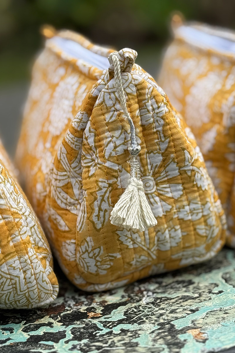 Wash Bags, accessories, Hand block prints, plastic lined with inside pockets. Small, Medium and Large. Honey