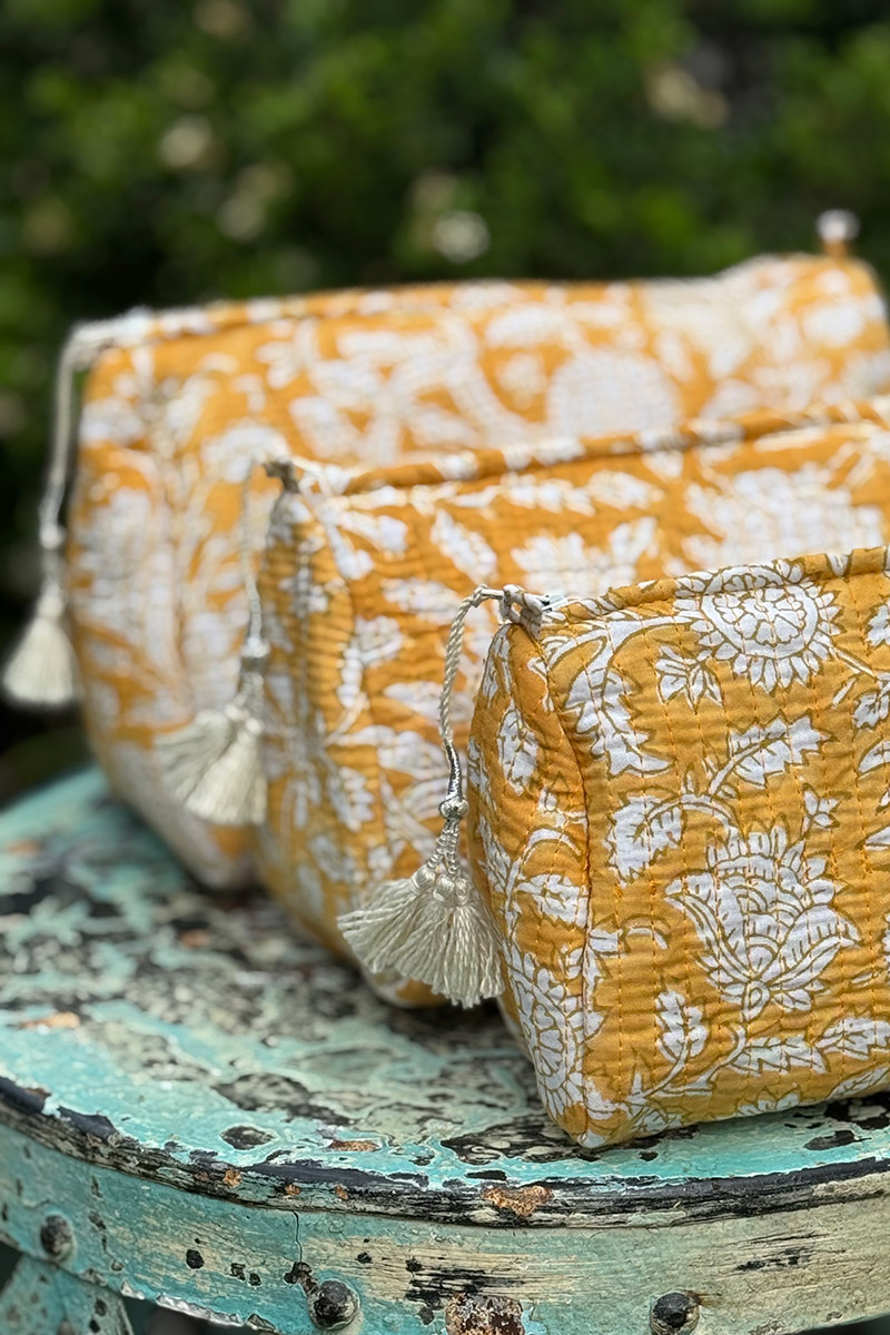 Wash Bags, accessories, Hand block prints, plastic lined with inside pockets. Small, Medium and Large. Honey