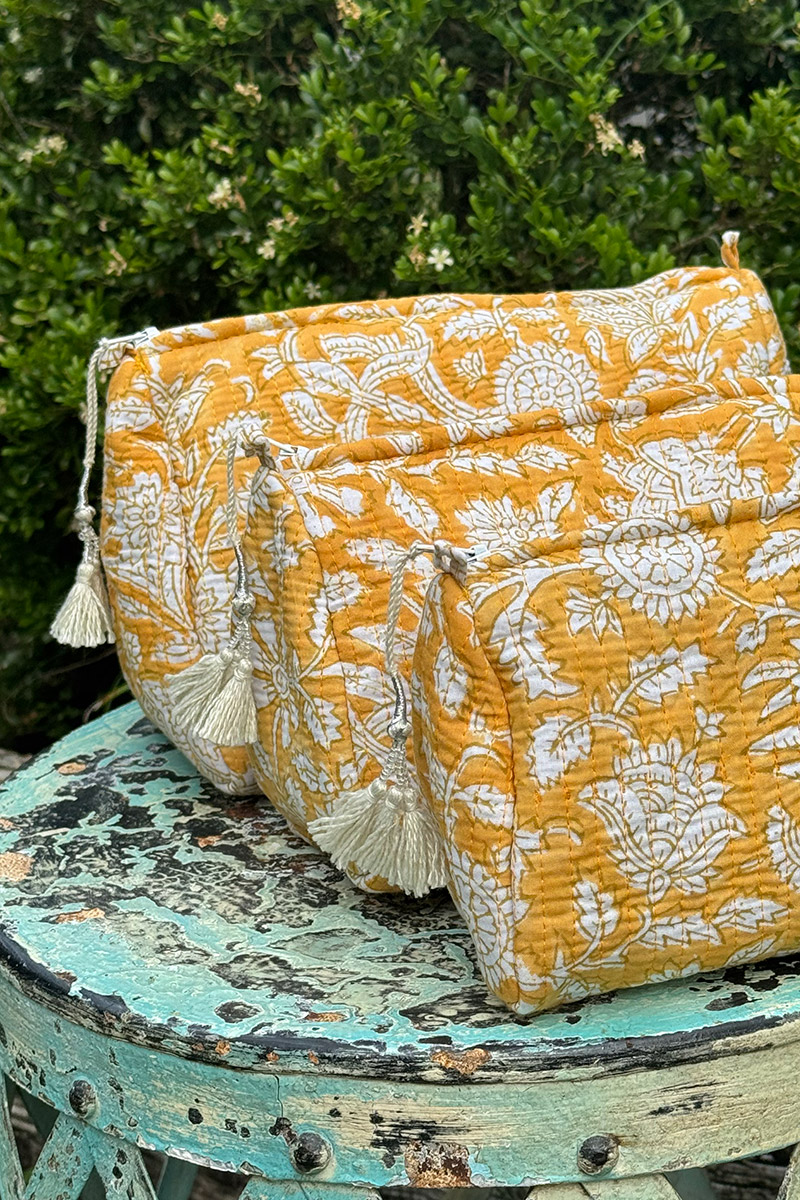 Wash Bags, accessories, Hand block prints, plastic lined with inside pockets. Small, Medium and Large. Honey