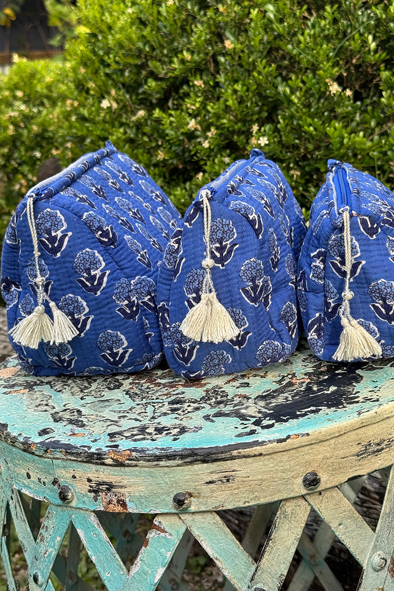 Wash Bags, accessories, Hand block prints, plastic lined with inside pockets. Small, Medium and Large. Oliana