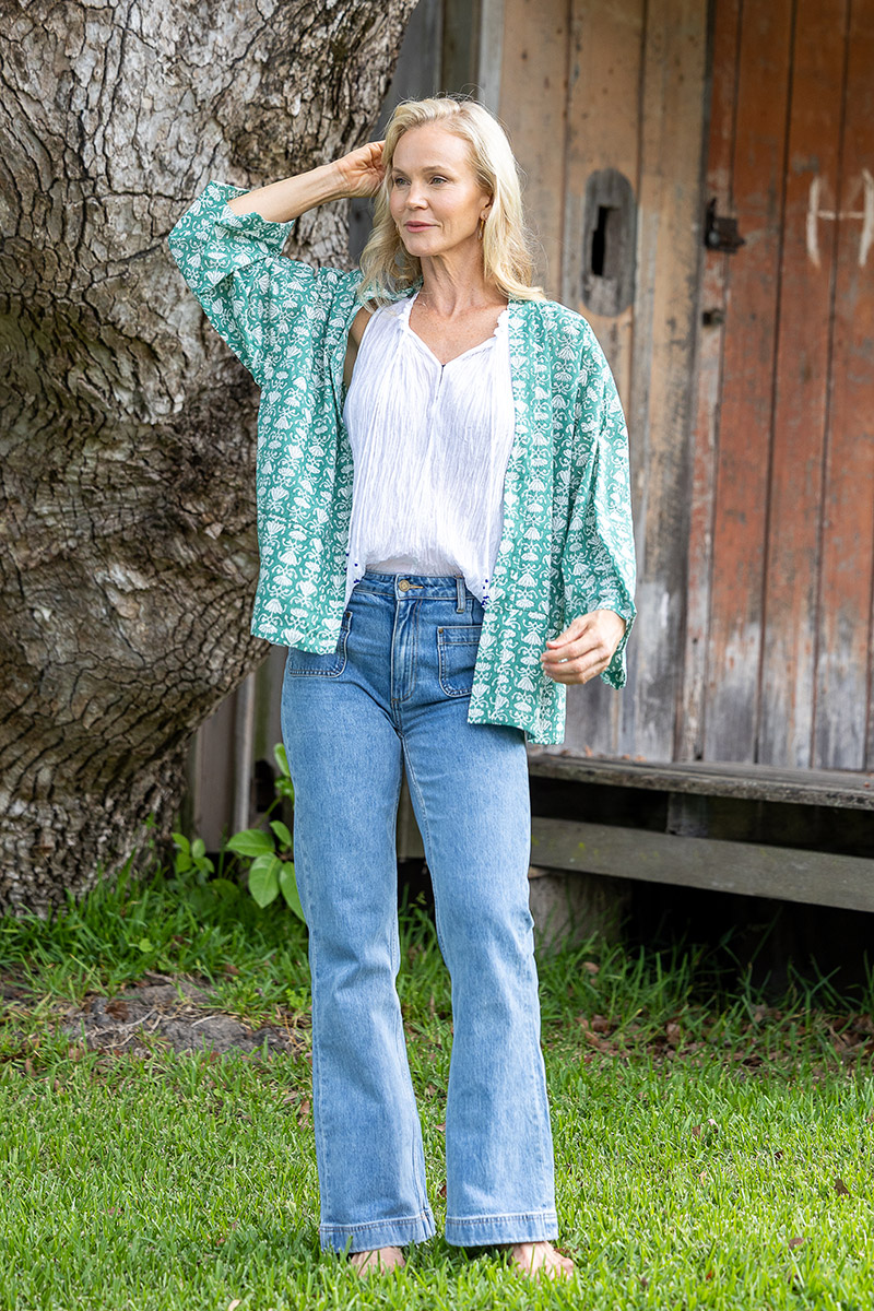 Womens, Lotus Jacket, full sleeve, 100% cotton, hand block print. In a Green Lotus print - Jade