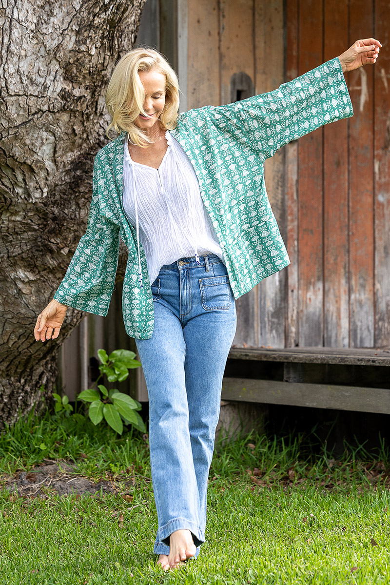 Womens, Lotus Jacket, full sleeve, 100% cotton, hand block print. In a Green Lotus print - Jade