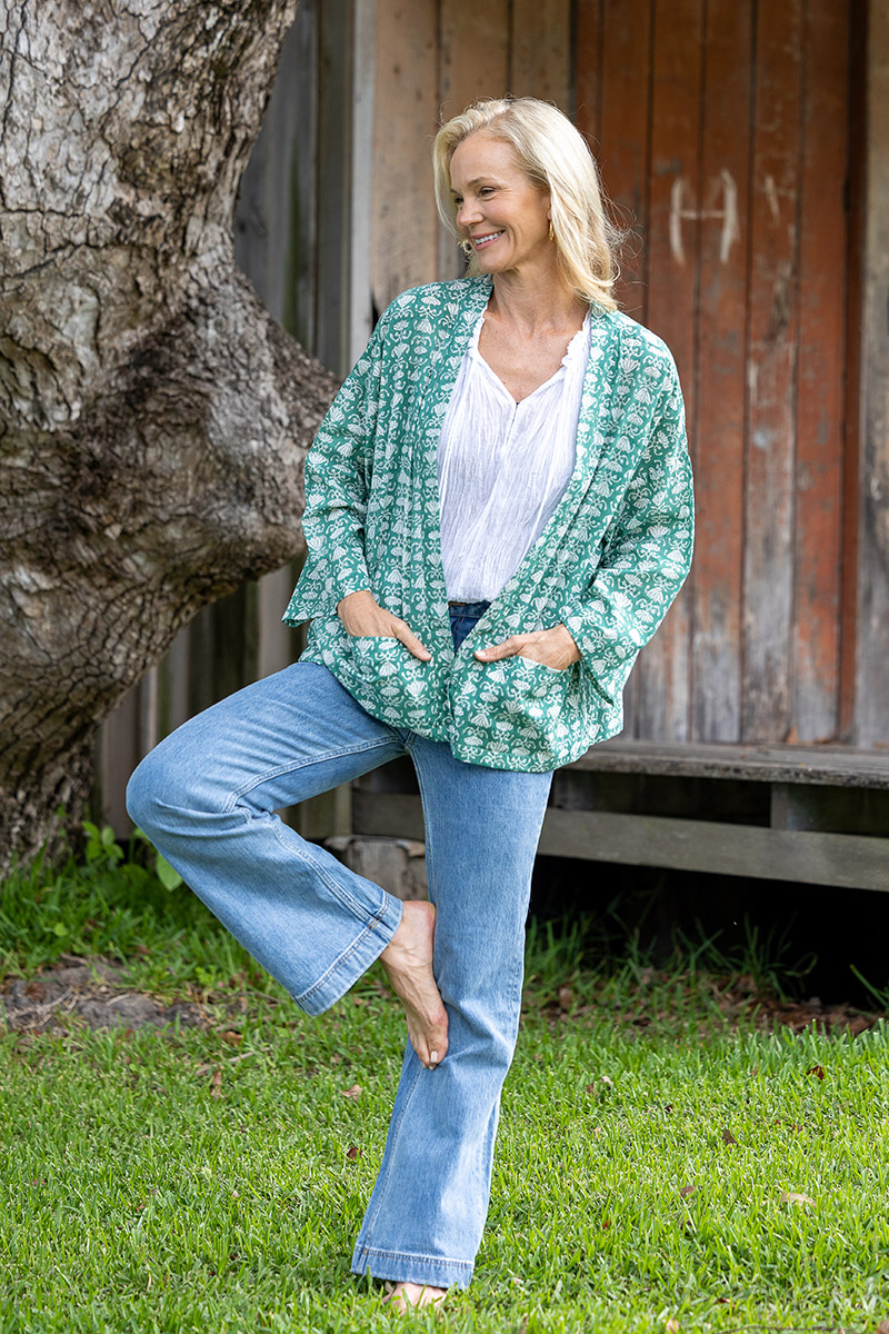 Womens, Lotus Jacket, full sleeve, 100% cotton, hand block print. In a Green Lotus print - Jade