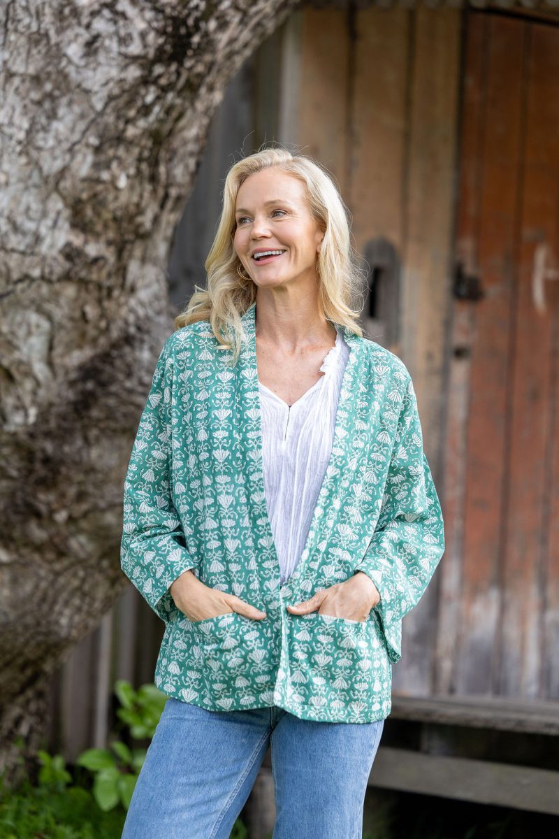 Womens, Lotus Jacket, full sleeve, 100% cotton, hand block print. In a Green Lotus print - Jade