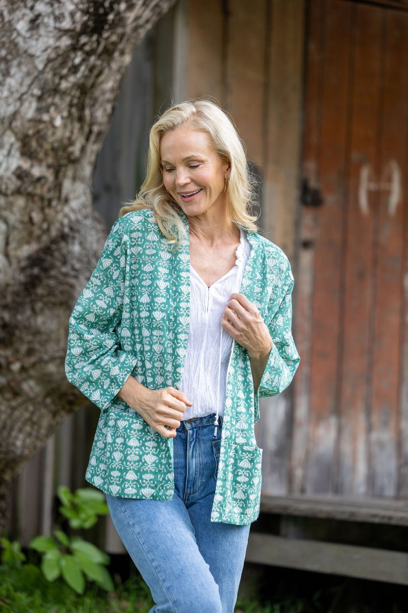 Womens, Lotus Jacket, full sleeve, 100% cotton, hand block print. In a Green Lotus print - Jade