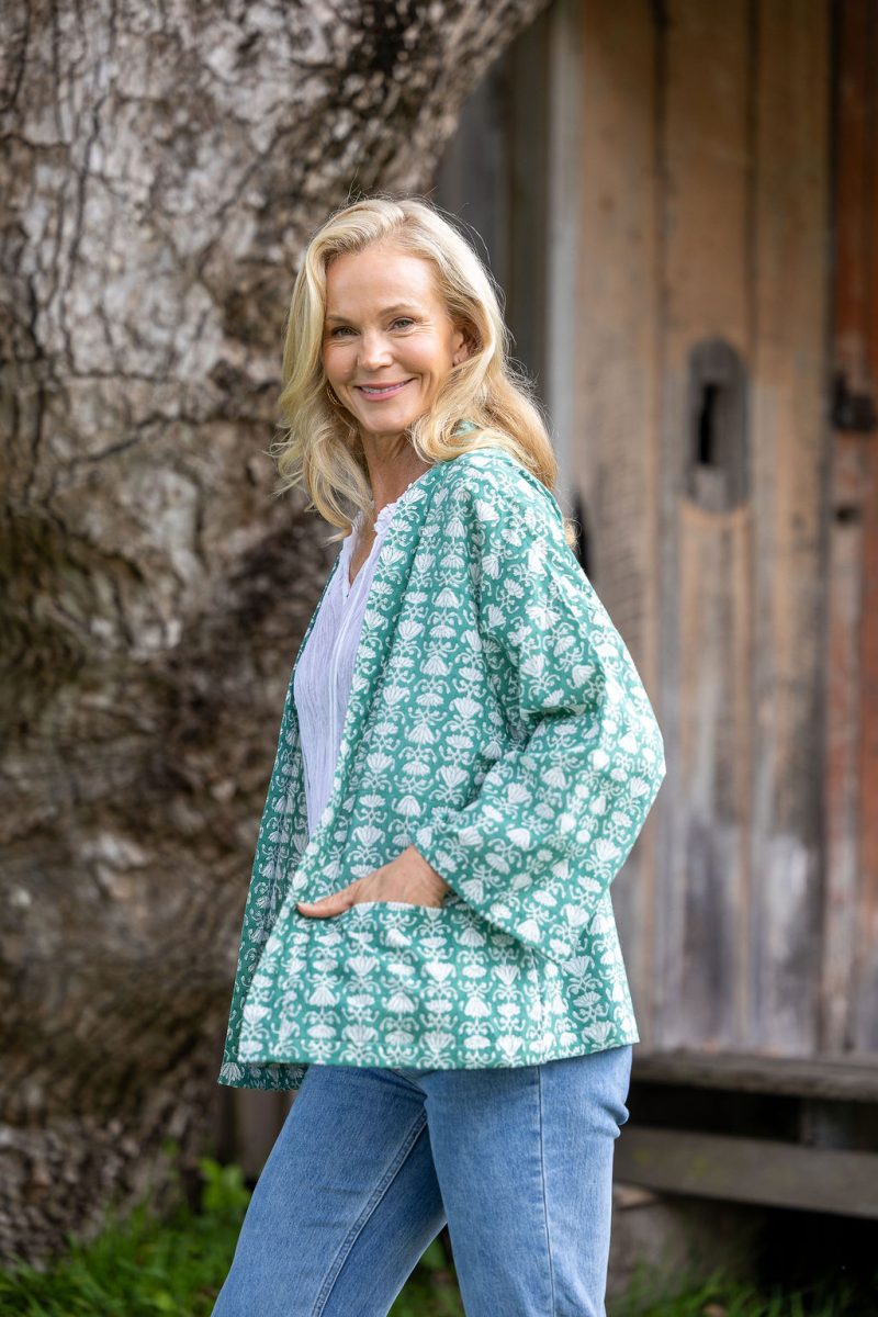 Womens, Lotus Jacket, full sleeve, 100% cotton, hand block print. In a Green Lotus print - Jade