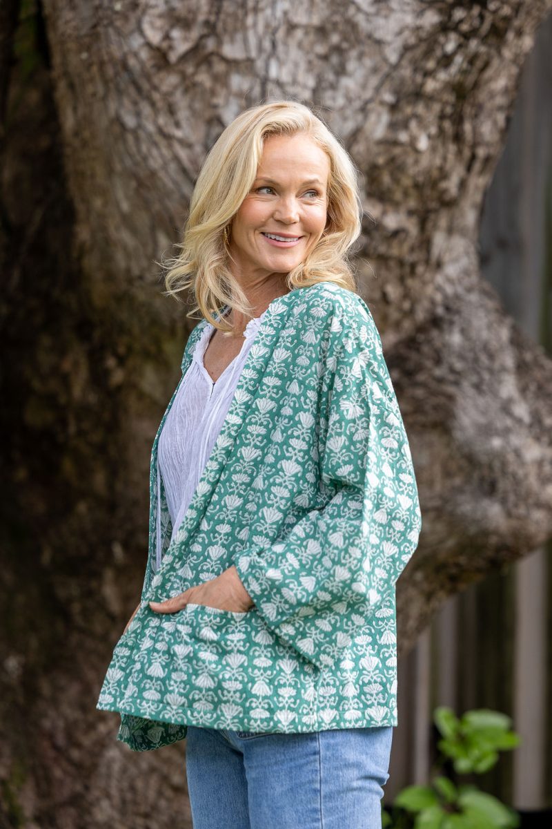 Womens, Lotus Jacket, full sleeve, 100% cotton, hand block print. In a Green Lotus print - Jade