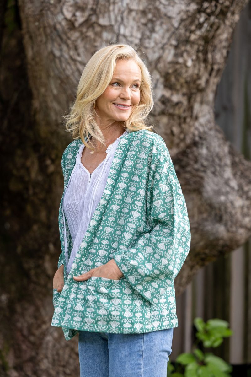 Womens, Lotus Jacket, full sleeve, 100% cotton, hand block print. In a Green Lotus print - Jade