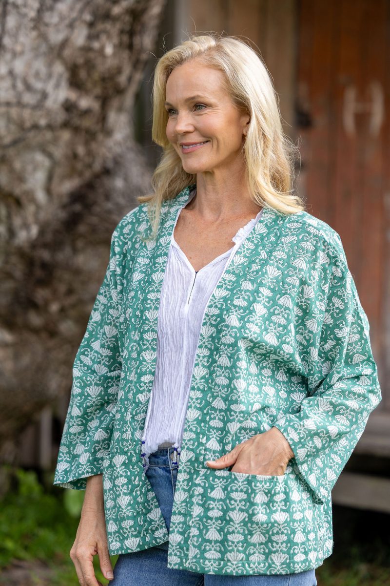 Womens, Lotus Jacket, full sleeve, 100% cotton, hand block print. In a Green Lotus print - Jade