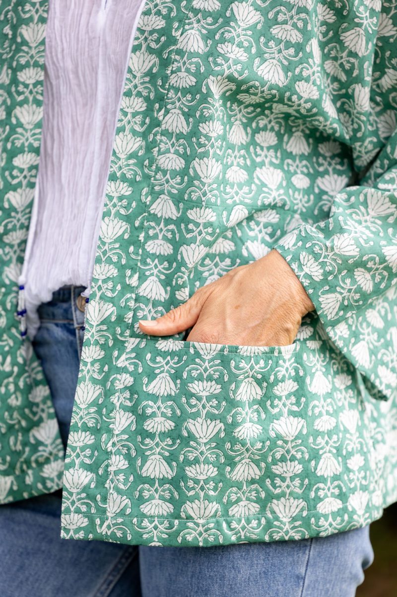 Womens, Lotus Jacket, full sleeve, 100% cotton, hand block print. In a Green Lotus print - Jade