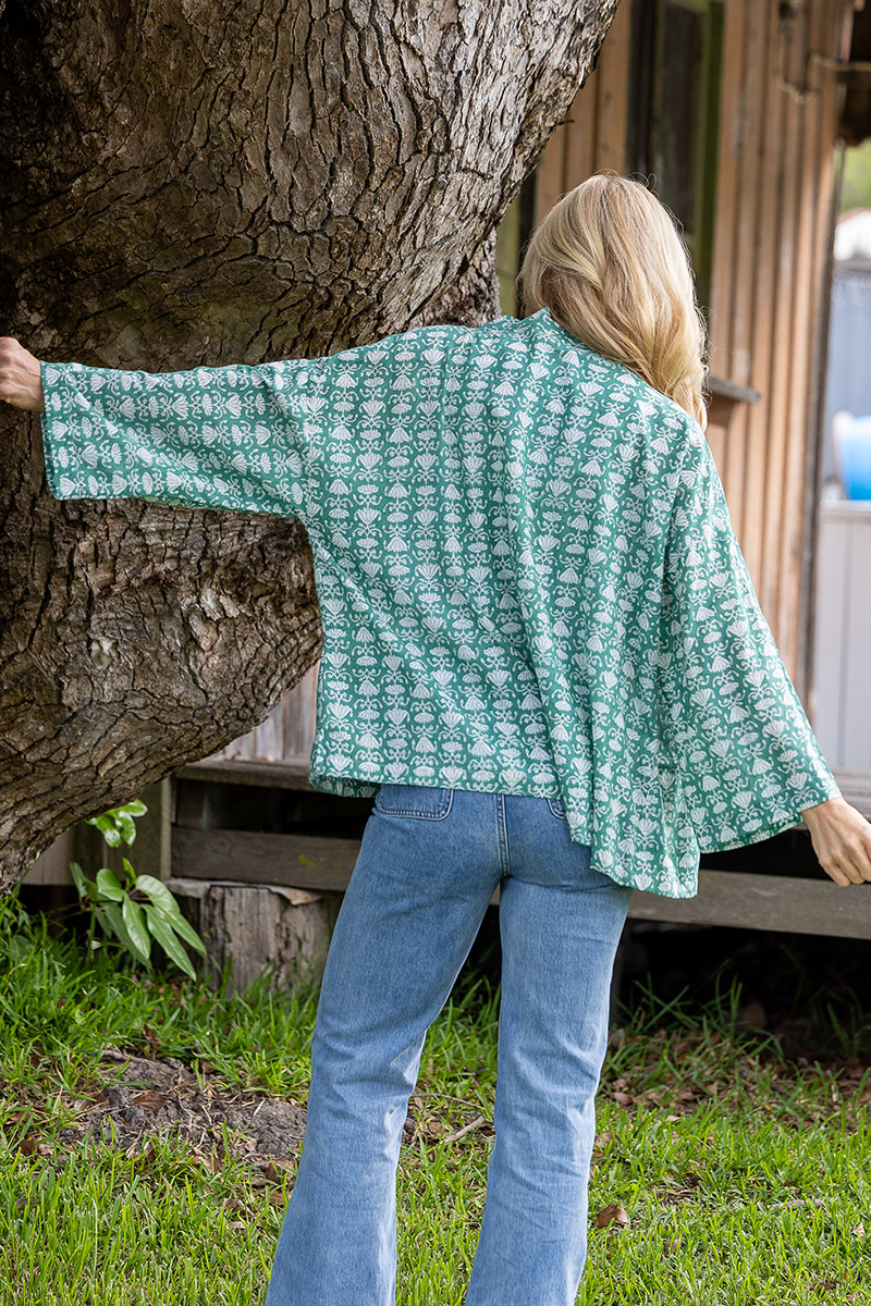 Womens, Lotus Jacket, full sleeve, 100% cotton, hand block print. In a Green Lotus print - Jade