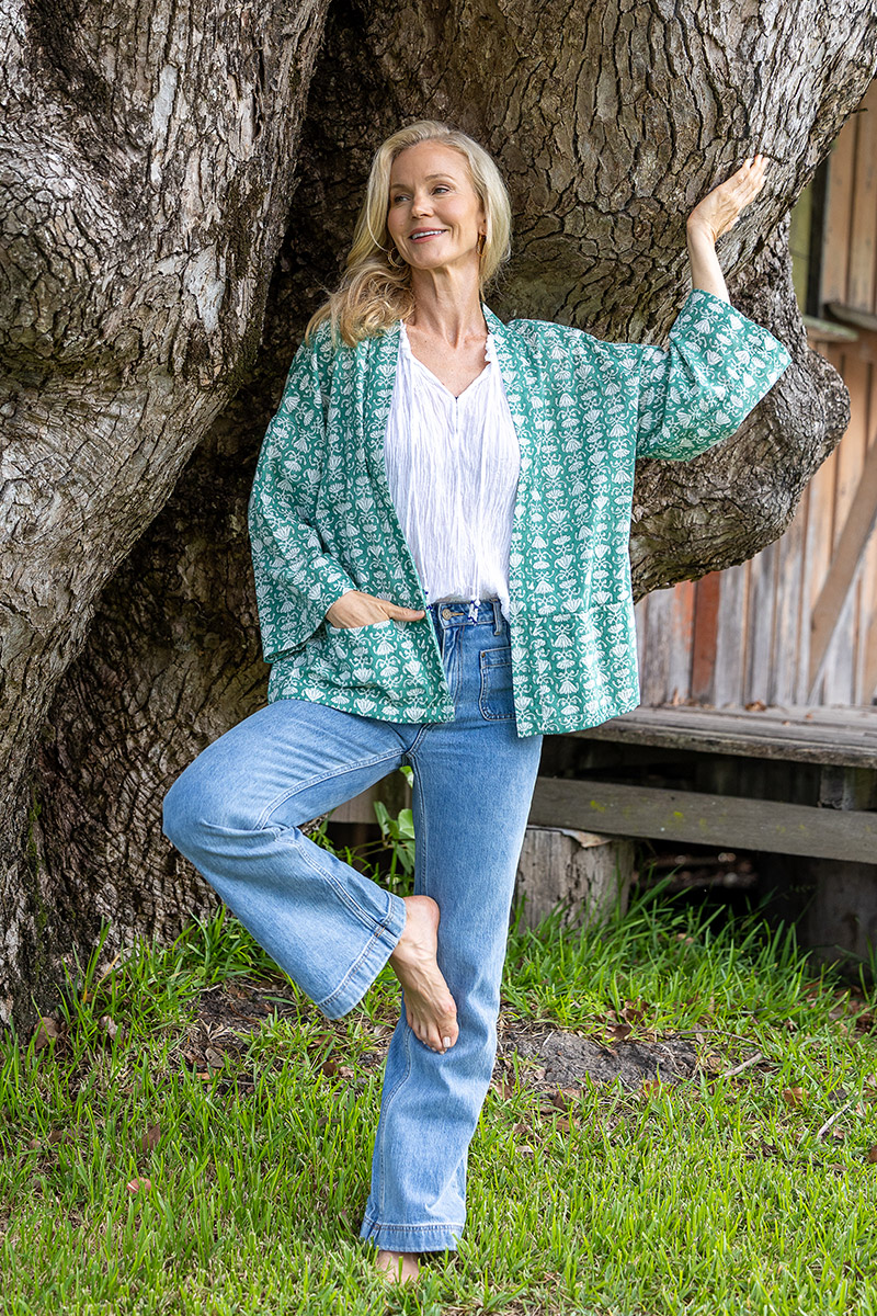 Womens, Lotus Jacket, full sleeve, 100% cotton, hand block print. In a Green Lotus print - Jade