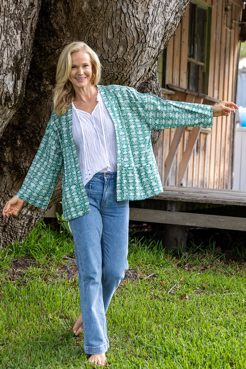 Womens, Lotus Jacket, full sleeve, 100% cotton, hand block print. In a Green Lotus print - Jade