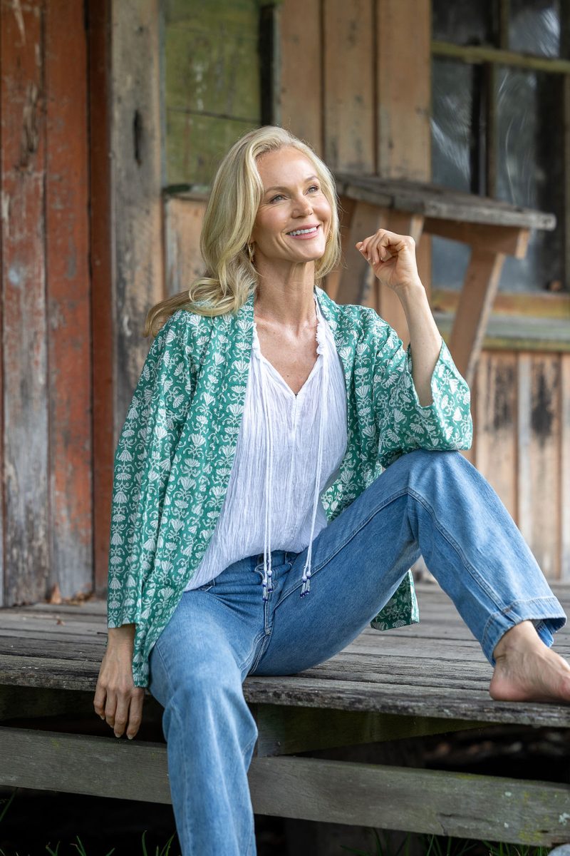 Womens, Lotus Jacket, full sleeve, 100% cotton, hand block print. In a Green Lotus print - Jade
