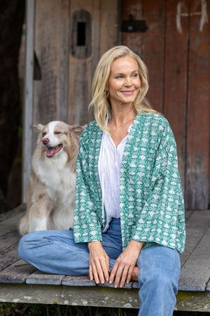Womens, Lotus Jacket, full sleeve, 100% cotton, hand block print. In a Green Lotus print - Jade