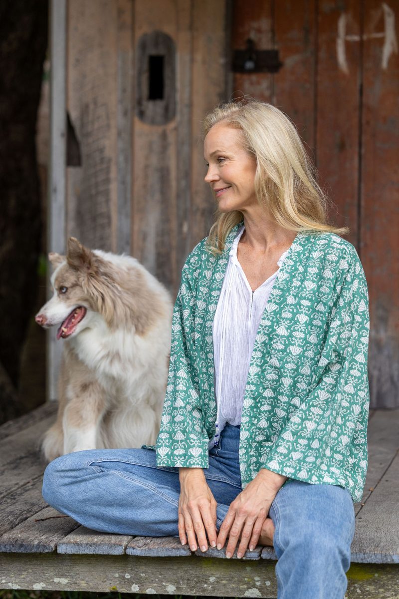 Womens, Lotus Jacket, full sleeve, 100% cotton, hand block print. In a Green Lotus print - Jade