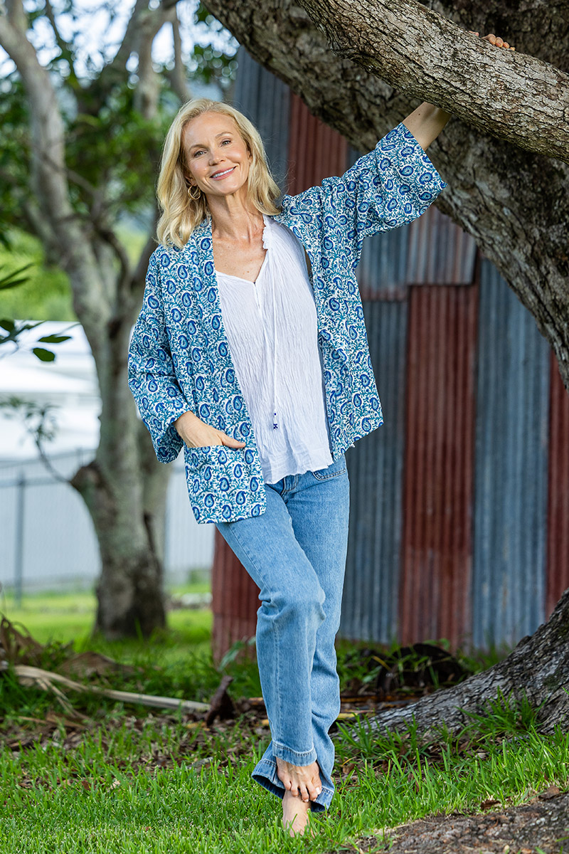 Womens, Lotus Jacket, full sleeve, 100% cotton, hand block print. Paisley print - Blue Henna