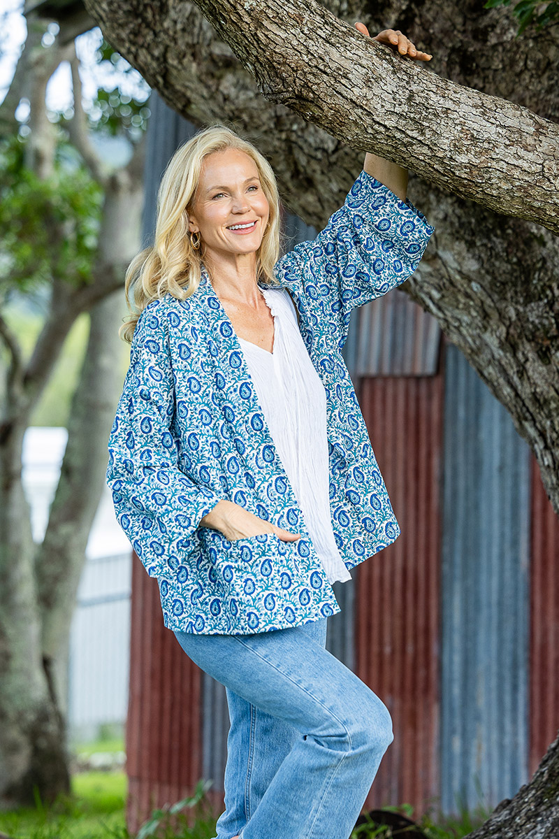 Womens, Lotus Jacket, full sleeve, 100% cotton, hand block print. Paisley print - Blue Henna