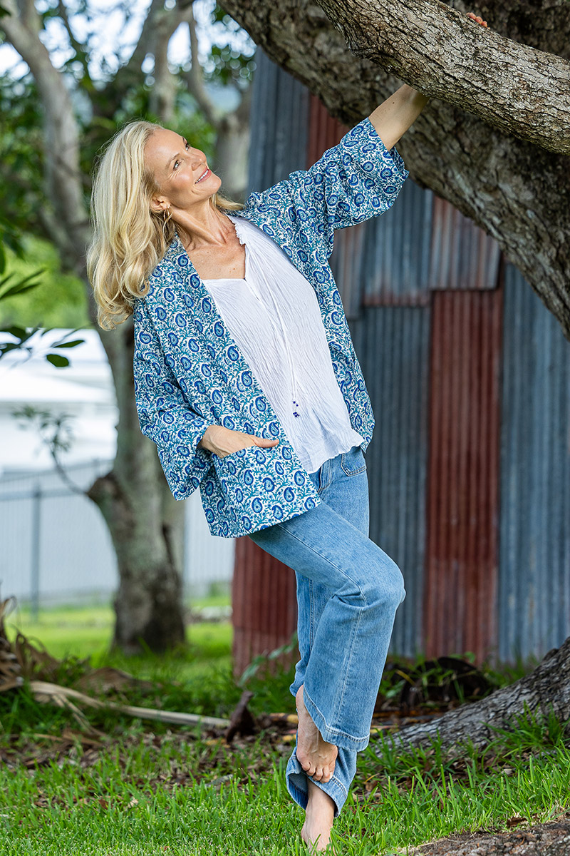 Womens, Lotus Jacket, full sleeve, 100% cotton, hand block print. Paisley print - Blue Henna