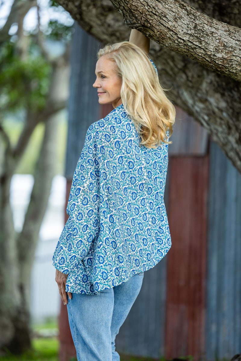 Womens, Lotus Jacket, full sleeve, 100% cotton, hand block print. Paisley print - Blue Henna