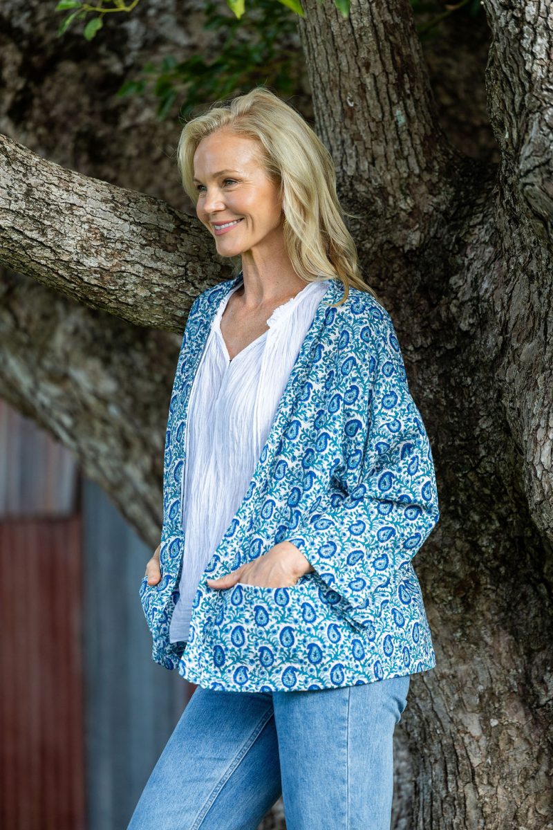 Womens, Lotus Jacket, full sleeve, 100% cotton, hand block print. Paisley print - Blue Henna