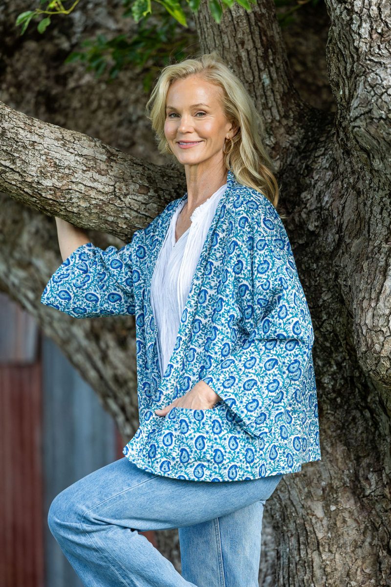 Womens, Lotus Jacket, full sleeve, 100% cotton, hand block print. Paisley print - Blue Henna