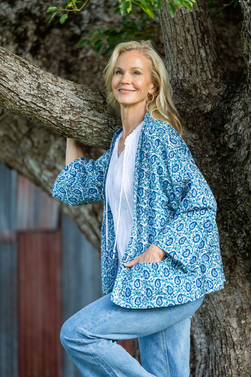 Womens, Lotus Jacket, full sleeve, 100% cotton, hand block print. Paisley print - Blue Henna