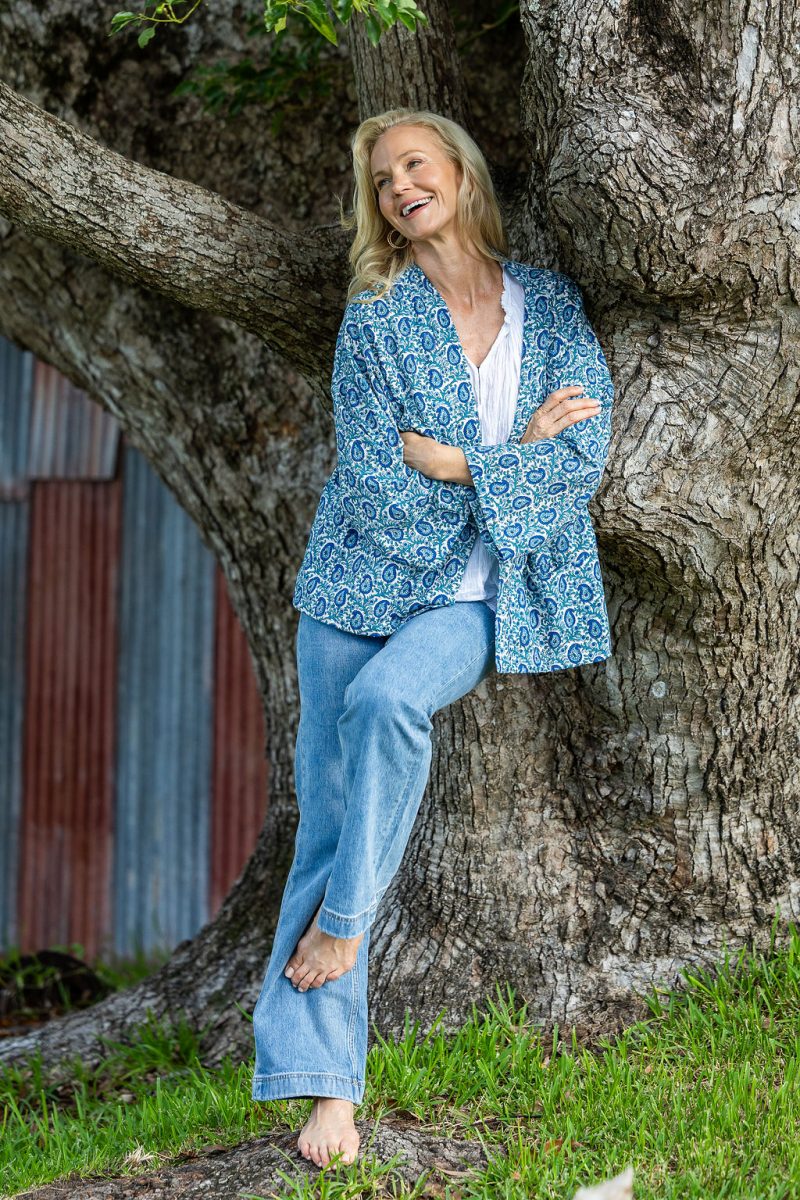 Womens, Lotus Jacket, full sleeve, 100% cotton, hand block print. Paisley print - Blue Henna
