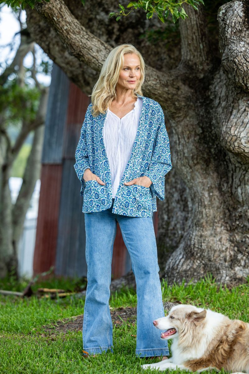 Womens, Lotus Jacket, full sleeve, 100% cotton, hand block print. Paisley print - Blue Henna