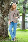 Womens, Tilbra Jacket, long sleeve, 100% cotton corduroy, hand block print. In green & pink, Birds of Paradise print