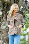 Womens, Tilbra Jacket, long sleeve, 100% cotton corduroy, hand block print. In green & pink, Birds of Paradise print
