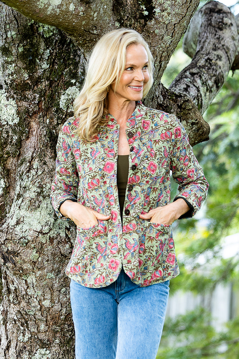Womens, Tilbra Jacket, long sleeve, 100% cotton corduroy, hand block print. In green & pink, Birds of Paradise print