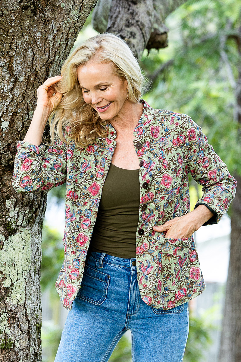 Womens, Tilbra Jacket, long sleeve, 100% cotton corduroy, hand block print. In green & pink, Birds of Paradise print